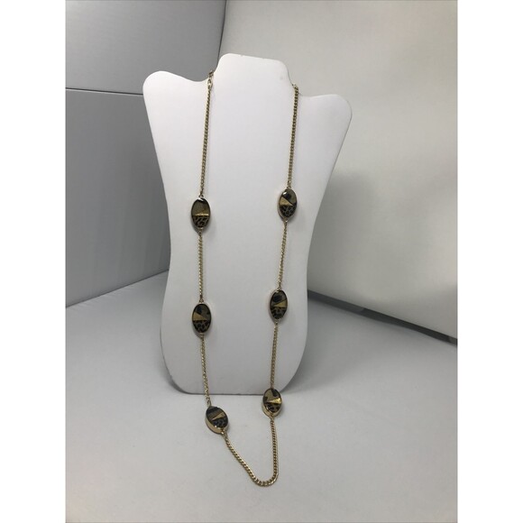 CHICO'S Necklace Animal Print Faux Fur Oval Beads Gold Tone Brown LONG Strand - Picture 7 of 11